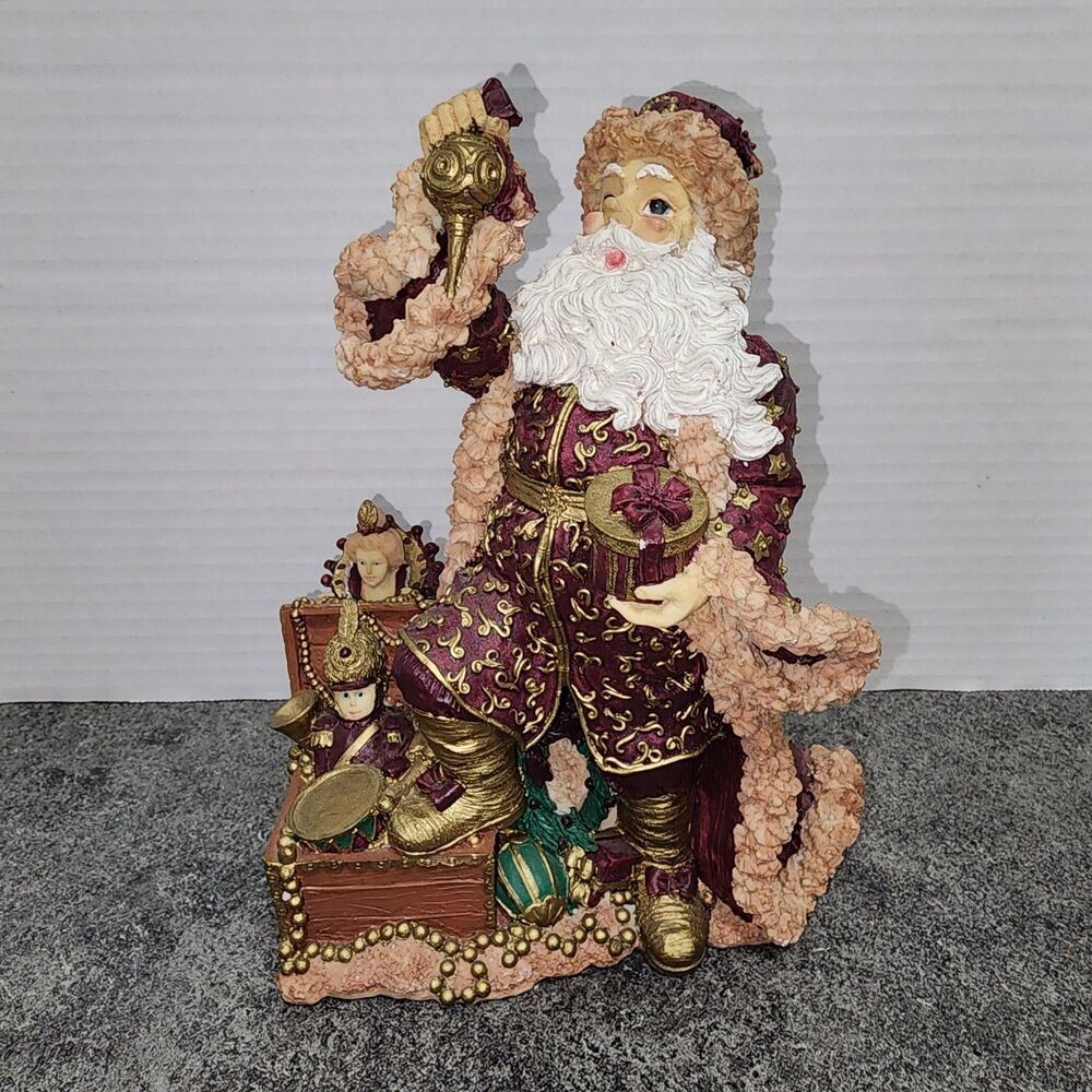 Vintage Resin Santa Claus Musical Figurine Toy Chest Old World Burgundy Robe